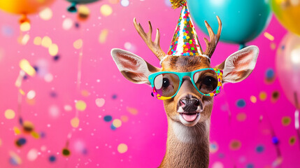 Fototapeta premium Party animal! Colorful photo of funny, happy deer on pink / fuchsia background. Ballons, confetti, happy mood. Birthday celebration horizontal banner