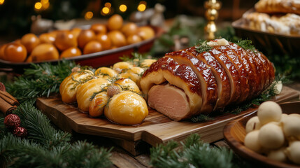 Holiday dinner table with glazed ham and festive decor