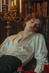 young handsome man , wavy hair laying on his back, wearing a white satin shirt and black pants with red roses , sleeping in the library at night next to an antique candelabra holding candle
