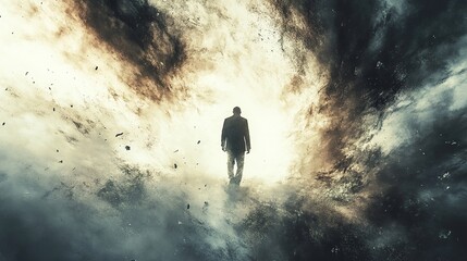 Fototapeta premium Silhouette of a Man Walking Towards Light in a Dreamlike Setting