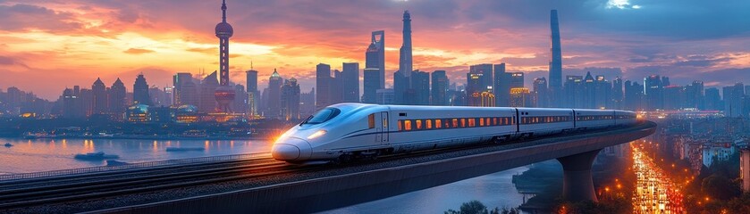 Naklejka premium ** High-Speed Train Passing Through Modern Cityscape at Sunset with Skyscrapers and Vibrant Sky in the Background..**
