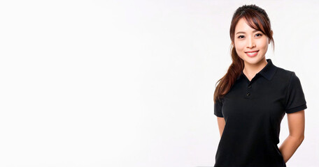 Obraz premium A portrait of a smiling Asian woman with a ponytail wearing a black polo shirt against a white background.