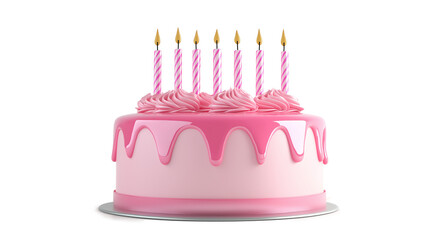 Pink birthday cake with candles 3d render icon isolated white background