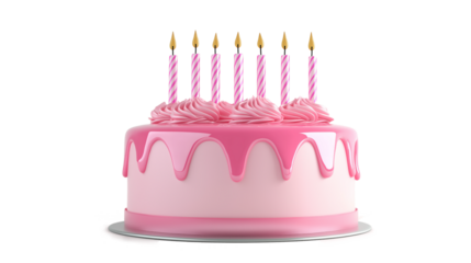 Pink birthday cake with candles 3d render icon isolated white background