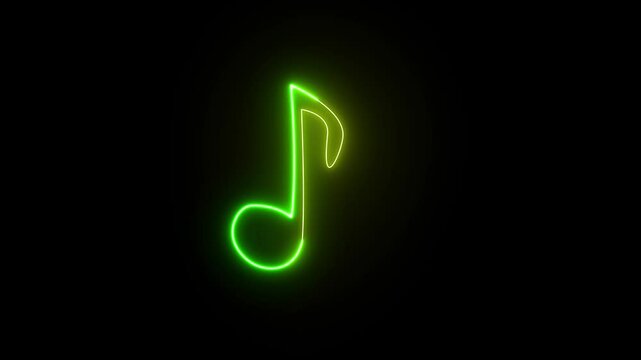 Neon music note icon animation. Neon glowing single musical note icon abstract design on black background.