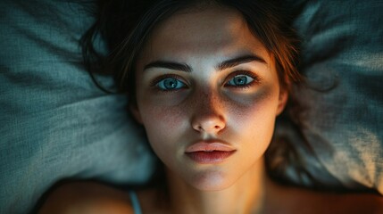 A closeup of a distressed woman lying awake in bed at night experiencing insomnia