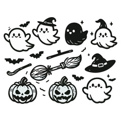 Happy Halloween Day element background vector. Cute collection of spooky ghost, pumpkin, bat, skull, candle. Adorable halloween festival illustration elements for decoration, prints.