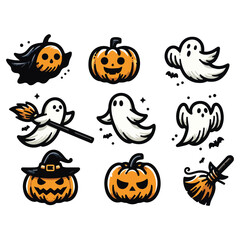 Happy Halloween Day element background vector. Cute collection of spooky ghost, pumpkin, bat, skull, candle. Adorable halloween festival illustration elements for decoration, prints.