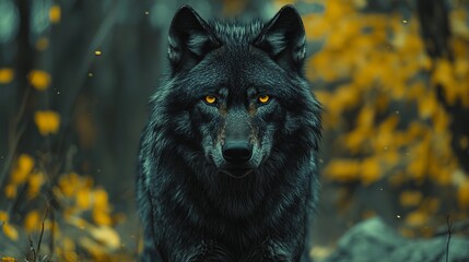captivating shot of a black wolf with striking yellow eyes against a dark background perfect for cinematic wallpaper