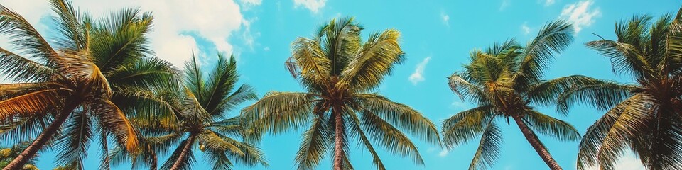 Fototapeta premium A row of palm trees are in the foreground of a blue sky. The palm trees are tall and green, and they are spread out across the image. The sky is clear and bright