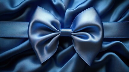 Elegant blue satin bow on luxurious silk fabric background.