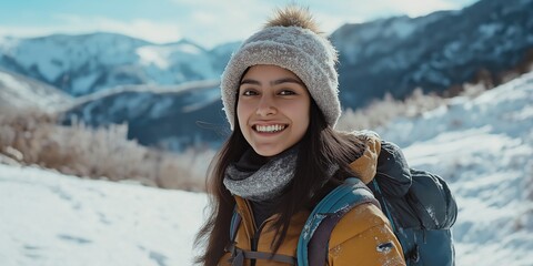 Fototapeta premium A smiling woman wearing a hat and a jacket with a backpack. She is standing in the snow