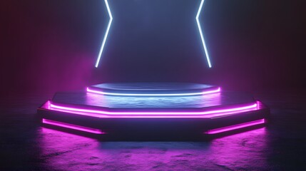 Sci Fi Futuristic Podium. Futuristic Stage neon. 3D rendering. Cyberpunk podium. Futuristic...