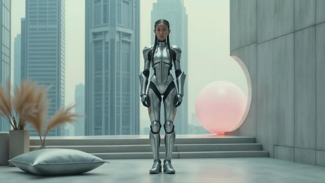 A futuristic scene featuring a female cyborg in sleek, silver armor, standing in a minimalistic, modern cityscape. The background includes tall skyscrapers, soft lighting, and contemporary d&eacute;cor with 