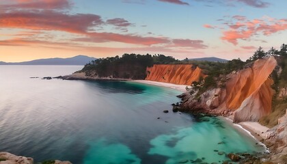 A stunning sunset over the sea, casting vibrant colors across the sky and reflecting on the calm waters, surrounded by mountains and a peaceful beach