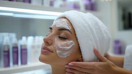 Beautician is applying a creamy face mask to a young woman with a towel on her head in a spa setting