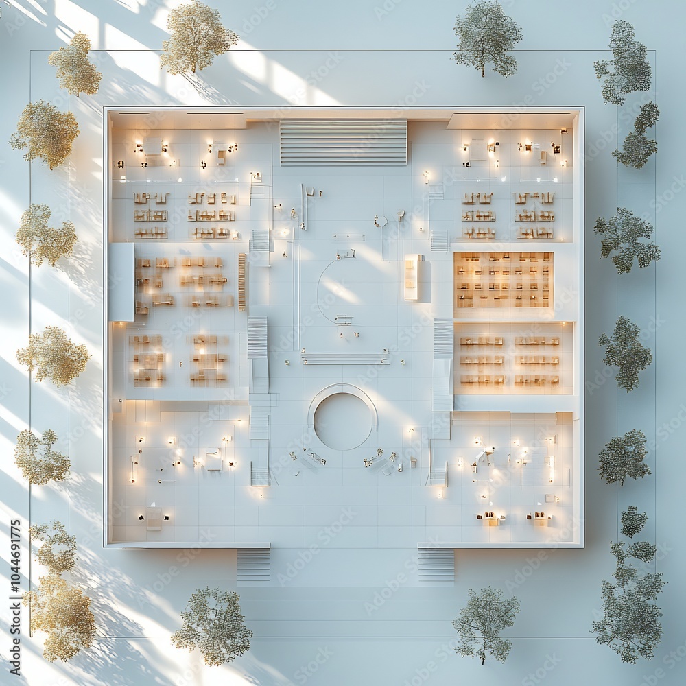 Poster 3d topdown view of modern convention center featuring expansive open areas for events and multiple p