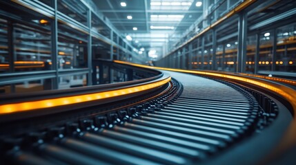 Fototapeta premium Modern Automated Conveyor Belt System in a High-Tech Industrial Manufacturing Facility with Advanced Robotics and Machinery