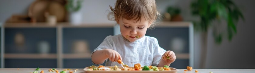 Child enjoying a meal at home, colorful food on the table, natural lighting.