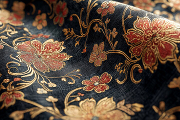 Luxurious Balinese batik fabric featuring intricate floral patterns in gold and red tones, showcasing rich cultural heritage and craftsmanship