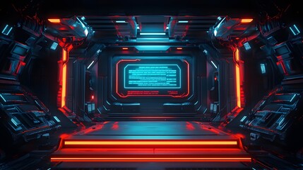 Obraz premium Sci Fi Futuristic Podium. Futuristic Stage neon. 3D rendering. Cyberpunk podium. Futuristic technology podium. tech podium