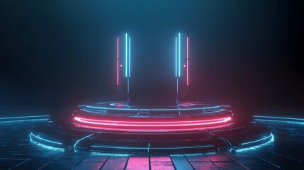 Sci Fi Futuristic Podium. Futuristic Stage neon. 3D rendering. Cyberpunk podium. Futuristic technology podium. tech podium