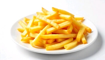 Crispy french fries on a white plate, white background
