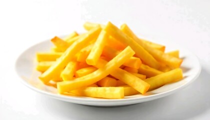 Crispy french fries on a white plate, white background