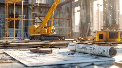 Construction Site with Crane, Blueprint, and Sunlight