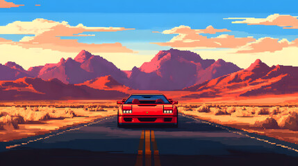 Red sports car driving on a desert road in pixel art