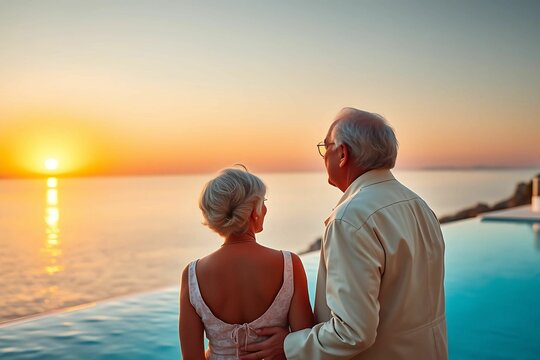 A romantic senior couple on a summer vacation savors the sunset over the mediterranean sea, relaxing by the pool