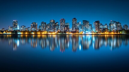 Naklejka premium Stunning City Nightscape with Reflections and Lights