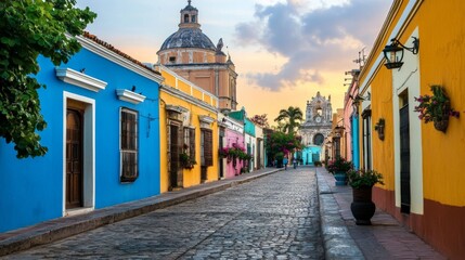 Fototapeta premium Vibrant Modern Buildings on Historic Street