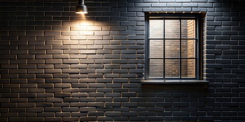 Fototapeta premium Black brick wall with window and illuminated light fixture