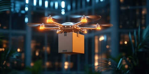 A drone delivering a package to a bustling urban neighborhood, showcasing the future of convenient delivery services.