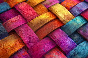 Vibrant and colorful woven texture showcasing intricate patterns and rich hues. This energetic design highlights beauty of textile art and craftsmanship