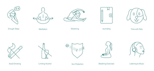 Get Enough Sleep, Meditation, Stretching, Journaling, Time With Pets, Quit Smoking, Quit Drinking, UV Protection, Breathing Exercise, Listen to Music Vector Icon Set