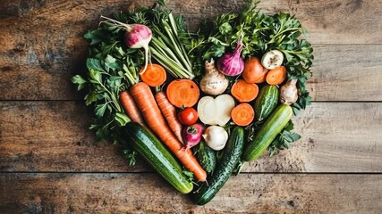 A heart-shaped arrangement of fresh vegetables, including carrots, cucumbers, and radishes, sits on a wooden table
