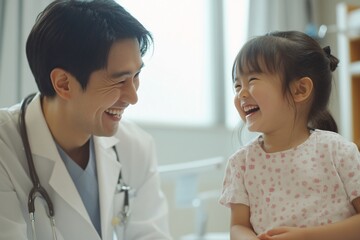 Fototapeta premium A joyful doctor and a laughing girl share a heartwarming moment in a bright, cheerful medical setting.