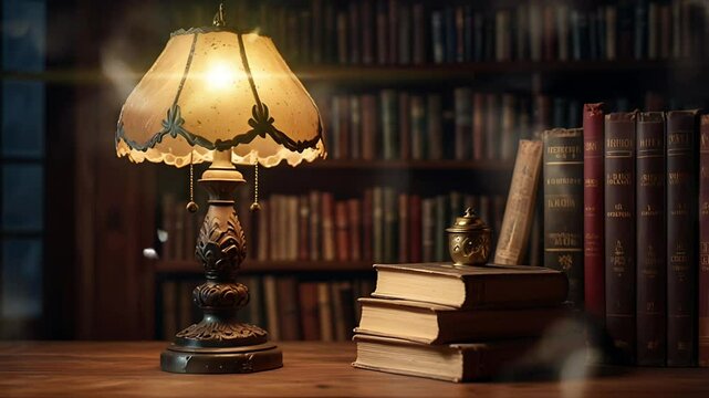 Some old books and lanterns in a vintage library. Seamless 4K looping timelapse video animation background
