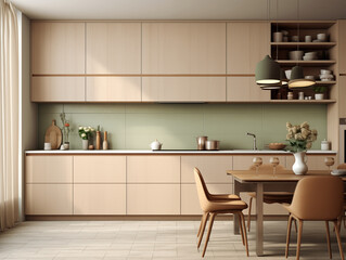 Mid century modern style inspired kitchen with wood panneling. Wood panneling interior. Pastel colors mid mod kitchen.