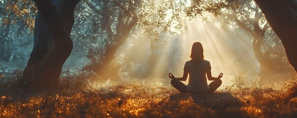 Obraz premium Serene Woman Meditating in Peaceful Forest Bathed in Sunlight