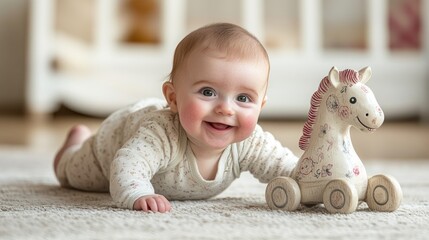 A baby cheerfully crawling across the floor toward a painted rocking horse, their face glowing with joy and enthusiasm.