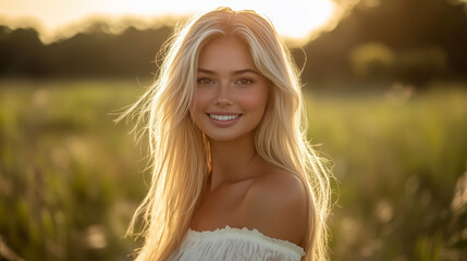 A portrait of an attractive blonde woman wearing a white off-the-shoulder dress, smiling and holding her engagement ring in front of the camera with one hand while standing on a grassy field at sunset