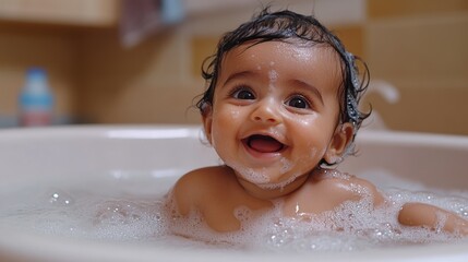 Happy Indian baby enjoying bubbles in a bath tub. Comforting home setting, baby bathing. Gentle baby skin care products.
