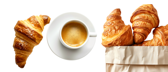 Flaky and golden croissants overflowing from a paper bag ad sits beside a steaming cup of rich coffee , making them perfect for breakfast or brunch. Isolated on white transparent background