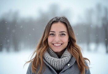 Fototapeta premium A charming cheerful happy woman on snowy winter landscape background