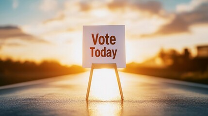 A serene suburban road at sunrise, with Vote Today signs brightening up the scene as citizens stroll towards the local polling booth under the golden morning sky