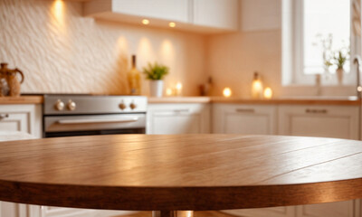 Green Empty wooden table with the bright white interior of the kitchen as a blurred background behind the bokeh golden sunshine