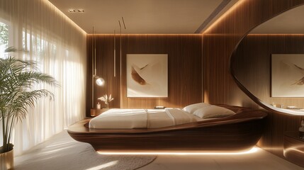 Modern Bedroom Interior Design with Wooden Bed and Curved Wall